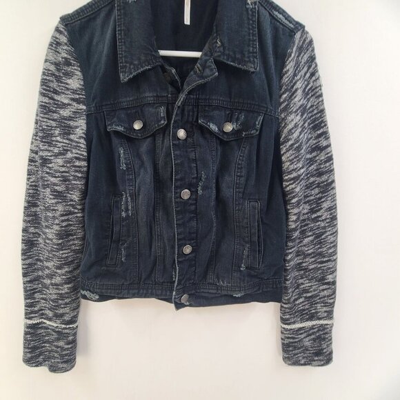 Free People Denim Jacket Layered Knit Hooded Dark Washed Women's Size Small - Picture 3 of 11